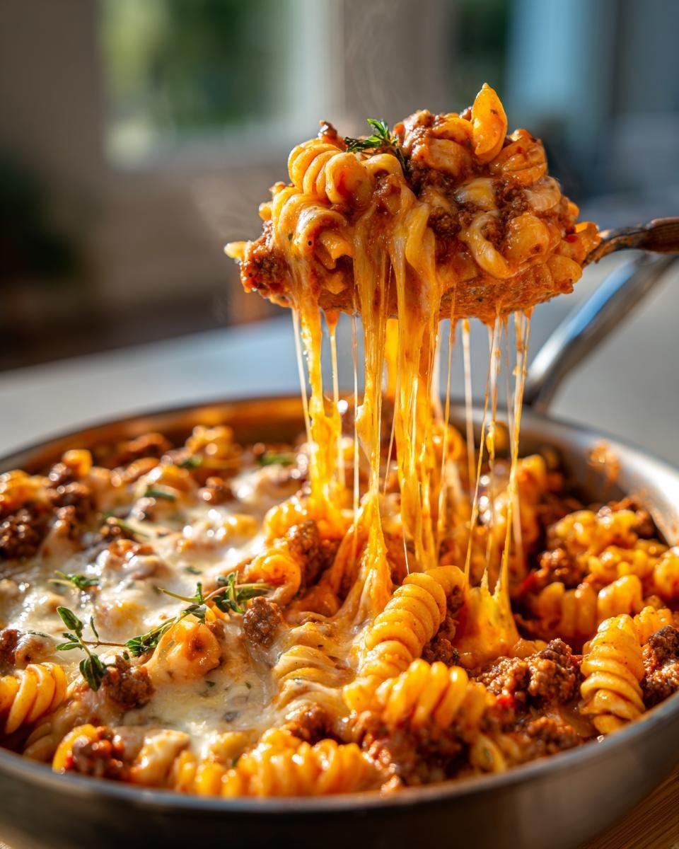 Cheesy hamburger pasta skillet - detail 1