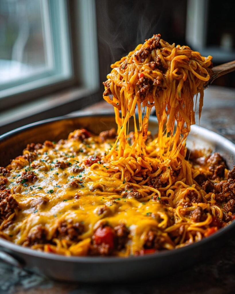 Cheesy hamburger pasta skillet