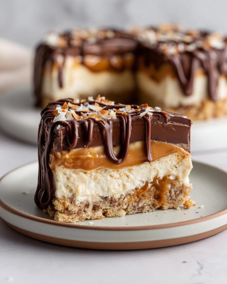 Girl Scout cookie cake (caramel + coconut + chocolate)