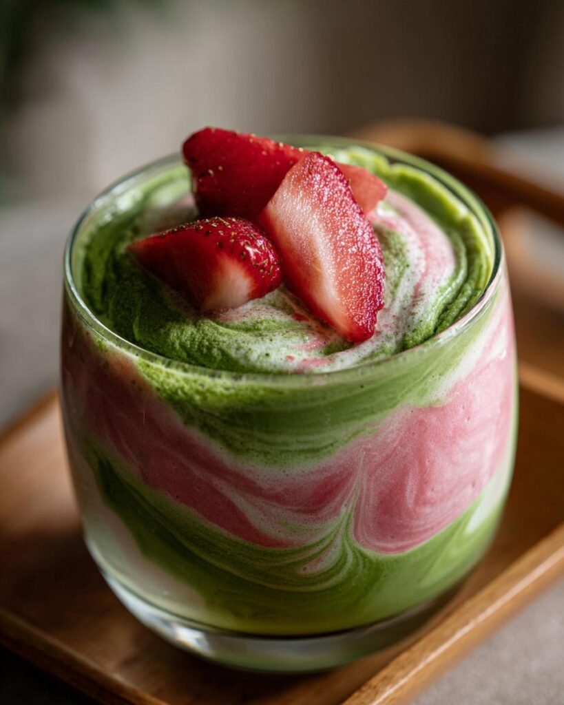 Matcha strawberry pudding (fusion dessert)