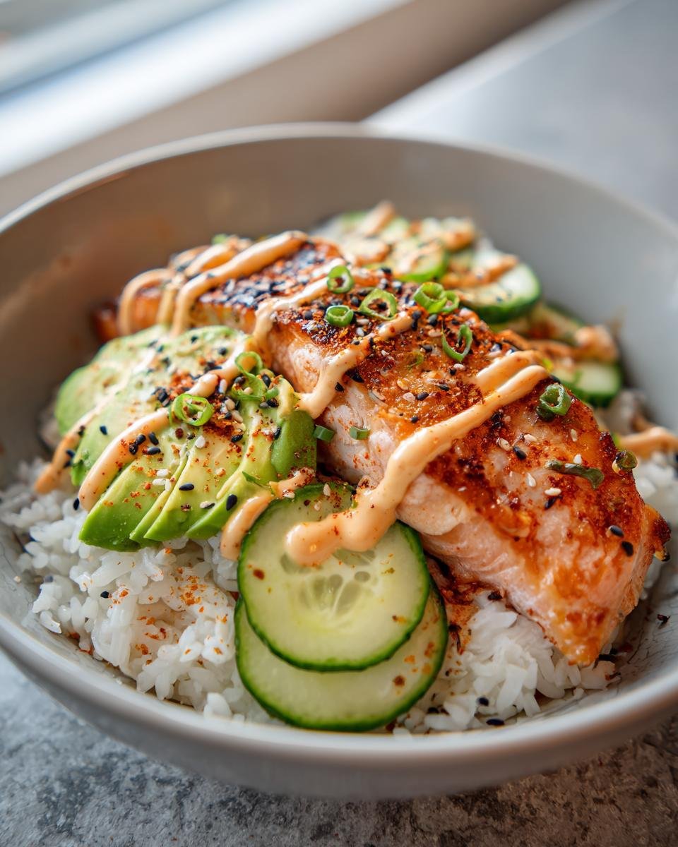 Salmon rice bowl with spicy mayo